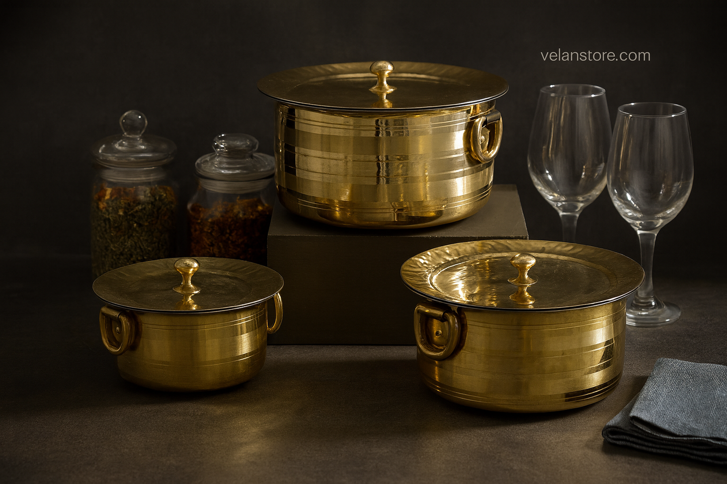 Set of 3 Brass Patilas / Milk Topias (1L, 3L, 5L)
