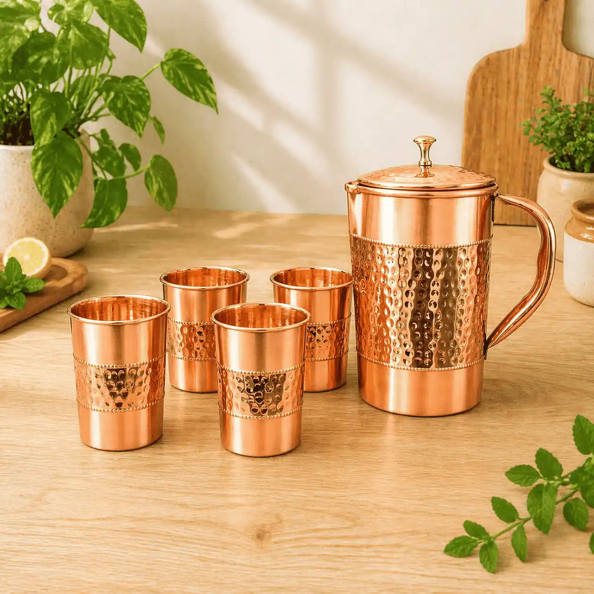 Copper Hammered Design Jug with Four Glass Set (8.8 Inch)