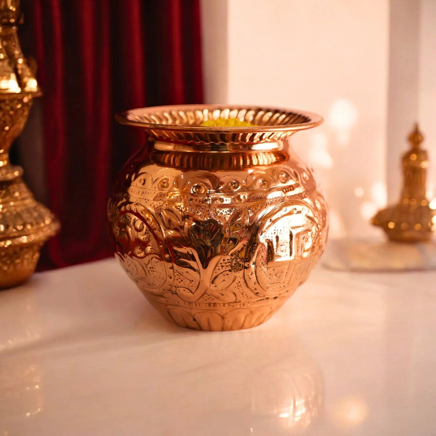 Pure Copper Pooja Lota With Carving Design - Copper Kalash