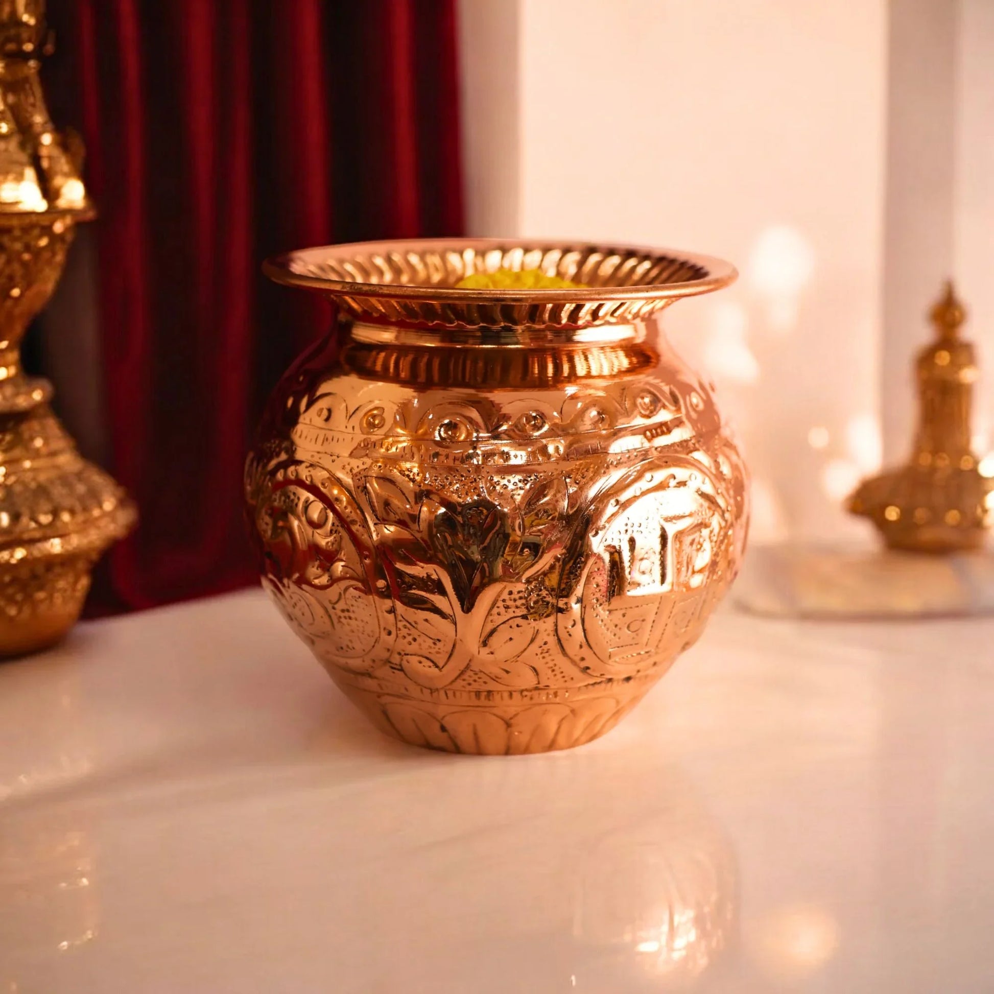 Pure Copper Pooja Lota With Carving Design - Copper Kalash