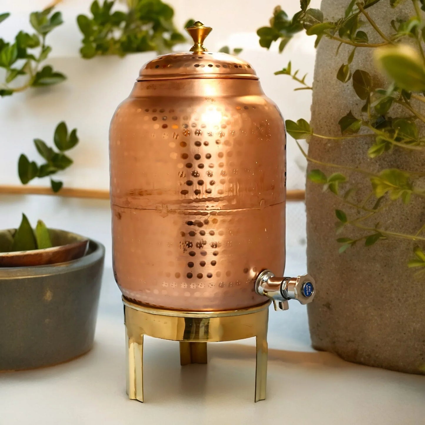 Handmade Pure Copper Stylish Dispenser With Stand and Glass
