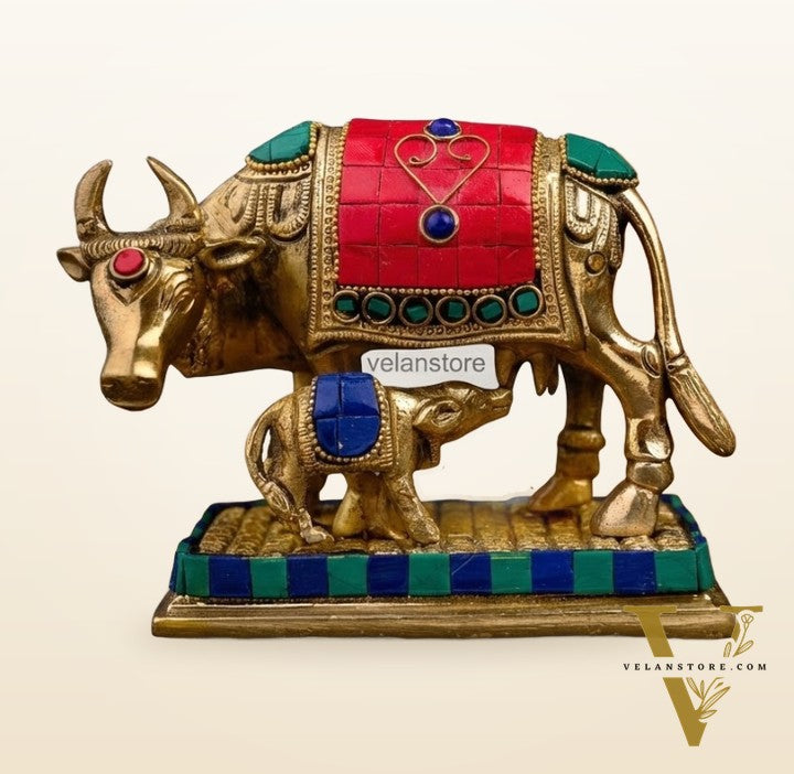 Cow and Calf Brass Statue Dressed in Stones | Kaamdhenu Cow Idol