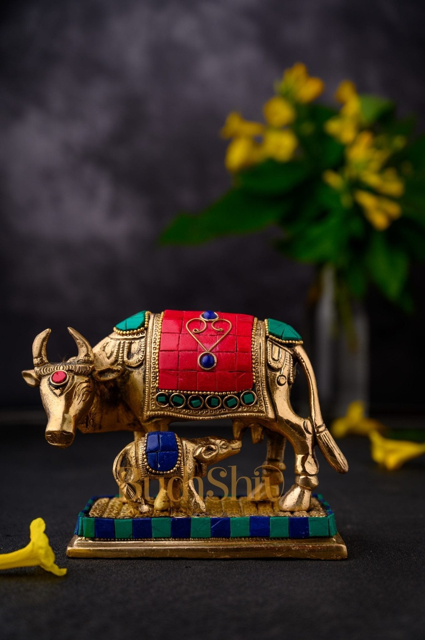 Cow and Calf Brass Statue Dressed in Stones | Kaamdhenu Cow Idol