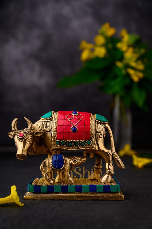 Cow and Calf Brass Statue Dressed in Stones | Kaamdhenu Cow Idol