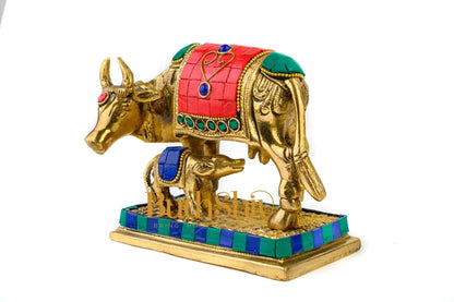 Cow and Calf Brass Statue Dressed in Stones | Kaamdhenu Cow Idol