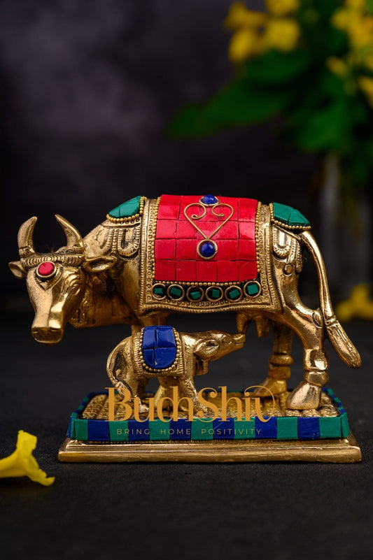 Cow and Calf Brass Statue Dressed in Stones | Kaamdhenu Cow Idol