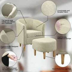 LuxeHaven Armchair with pouff stool set | Beige Fabric with Ottoman | Cozy Reading Chair | Living Room