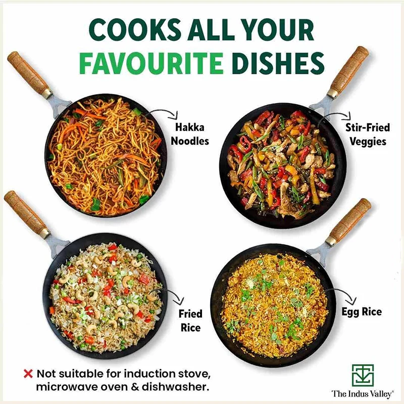 100% Pure Iron Wok with Wooden Handle, Toxin-free Sheet Iron, Pre-seasoned, 2.2/4.2L, 1/1.5kg