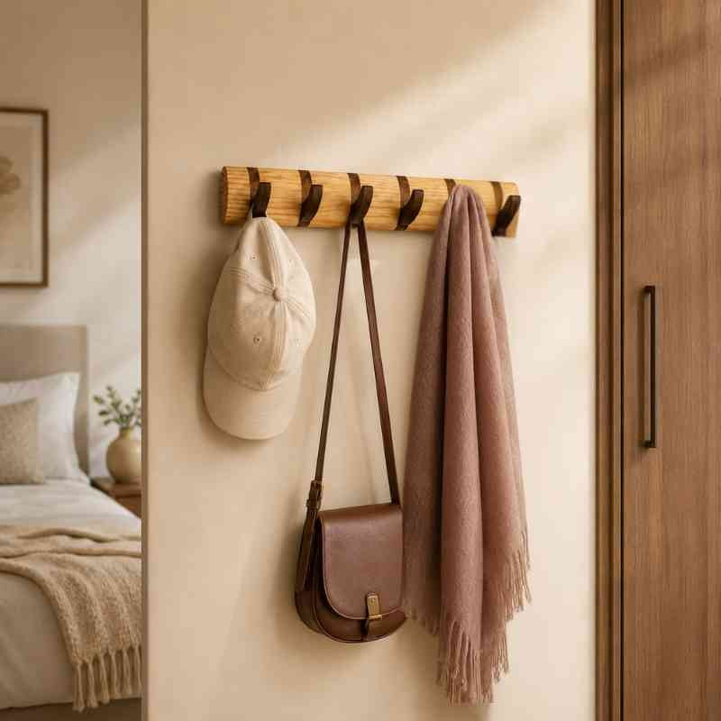 CurveCraft Natural Solid Wood Wall Mounted Hook Rail for Coats & Bags