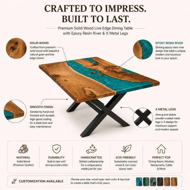 Handmade Live Edge Wood Blue Epoxy Resin River Dining Table, Live Edge Wood Rustic Modern Furniture | Custom Live Edge Coffee Table