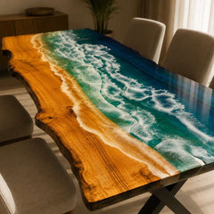 Live Edge Ocean Wave Epoxy Resin Dining Table, Custom Dining Table | Custom Wood Resin Furniture, Live Edge Wood & Blue Resin Art Table | Coastal Style Dining Table