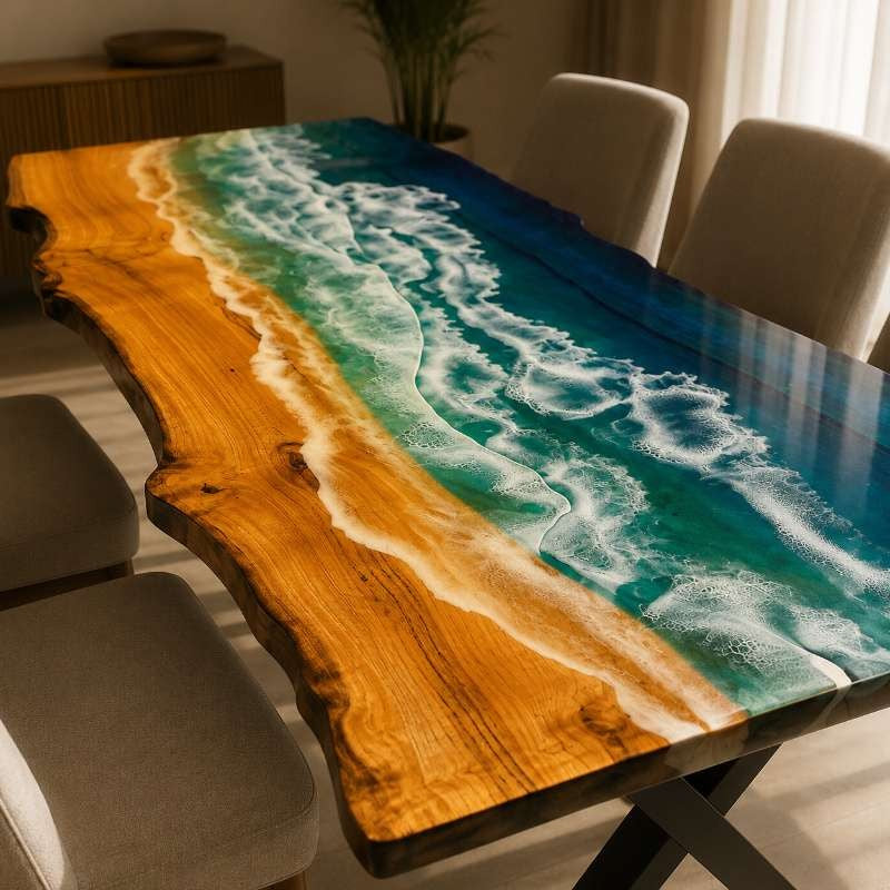 Live Edge Ocean Wave Epoxy Resin Dining Table, Custom Dining Table | Custom Wood Resin Furniture, Live Edge Wood & Blue Resin Art Table | Coastal Style Dining Table