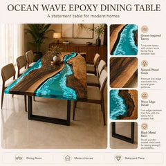 Live Edge Wood Ocean Wave Epoxy Resin Dining Table with Black Metal Legs | Modern Luxury Blue Resin Table Top, Handmade Luxury Furniture Interior Design, Kitchen River Table