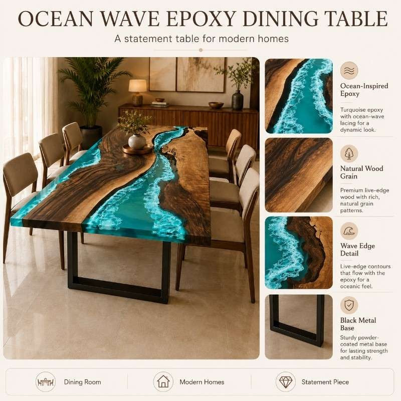 Live Edge Wood Ocean Wave Epoxy Resin Dining Table with Black Metal Legs | Modern Luxury Blue Resin Table Top, Handmade Luxury Furniture Interior Design, Kitchen River Table