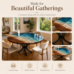 Custom Home Made Luxury Round Ocean Wave Epoxy Resin Dining Table with Black Metal Legs, River Kitchen Table | Natural Solid Wood, Blue Ocean Waves Epoxy Resin