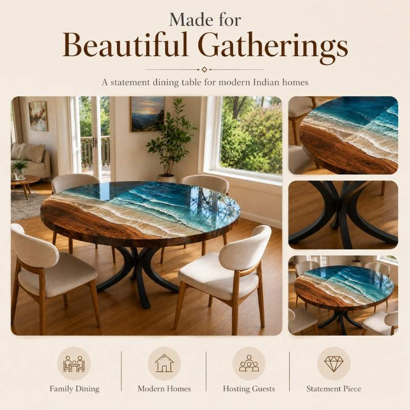 Custom Home Made Luxury Round Ocean Wave Epoxy Resin Dining Table with Black Metal Legs, River Kitchen Table | Natural Solid Wood, Blue Ocean Waves Epoxy Resin