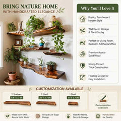 Rustic Live Edge Solid Wood Floating Wall Shelves (Set of 4 Shelf) – Natural Farmhouse Wooden Wall Decor