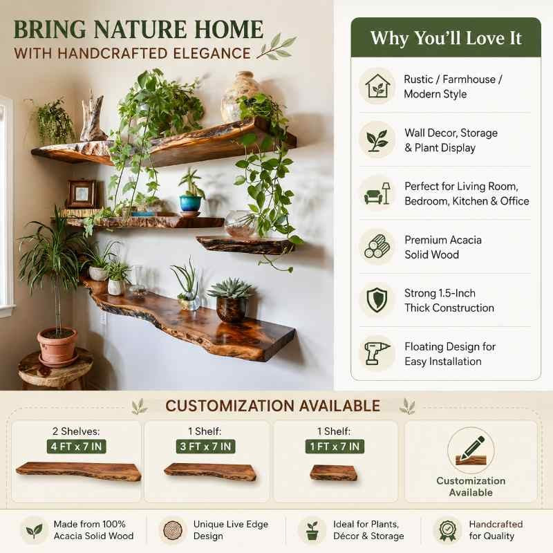 Rustic Live Edge Solid Wood Floating Wall Shelves (Set of 4 Shelf) – Natural Farmhouse Wooden Wall Decor