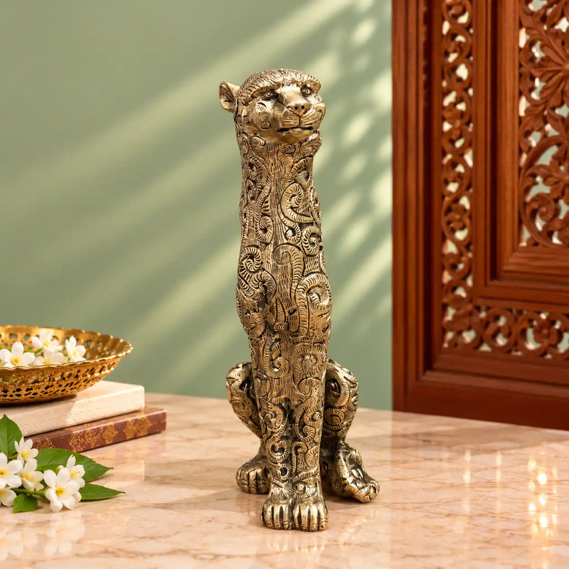 Brass Sitting Leopard / Tiger Statue (11 Inch)