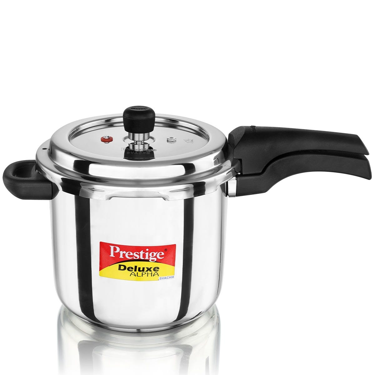 Prestige Deluxe Alpha Svachh Stainless Steel Spillage Control Pressure Cooker, 5.5 L (Silver), Prestige Omega Deluxe Granite Non-stick Round Base Omni Tawa, 28 cm (Black)