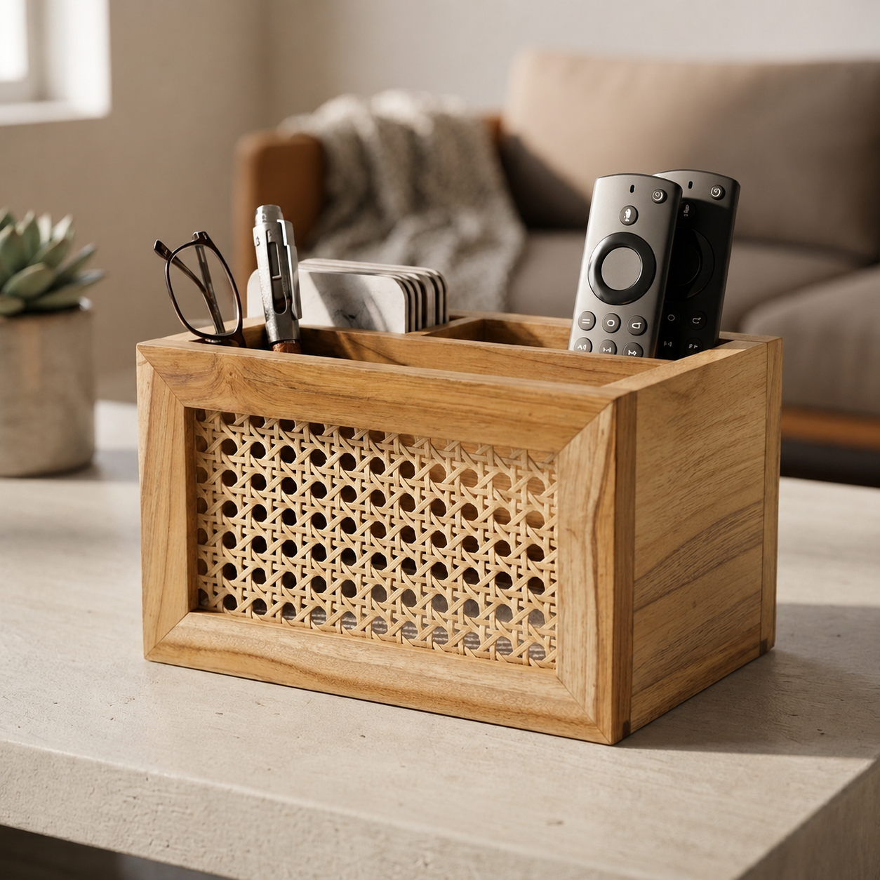 Natural Rattan Wooden Desk Organizer Storage Box- Set Of 2