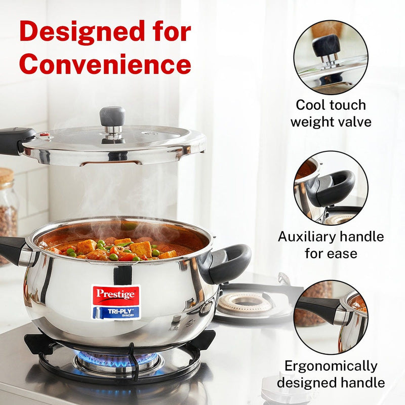 PRESTIGE SVACHH TRI-PLY HANDI PRESSURE COOKER 3 LITRE, Prestige Platina Popular Stainless Steel Unique Impact Forged Bottom Kadai with Toughened Glass Lid, 24cm (2.8 L) (Silver)