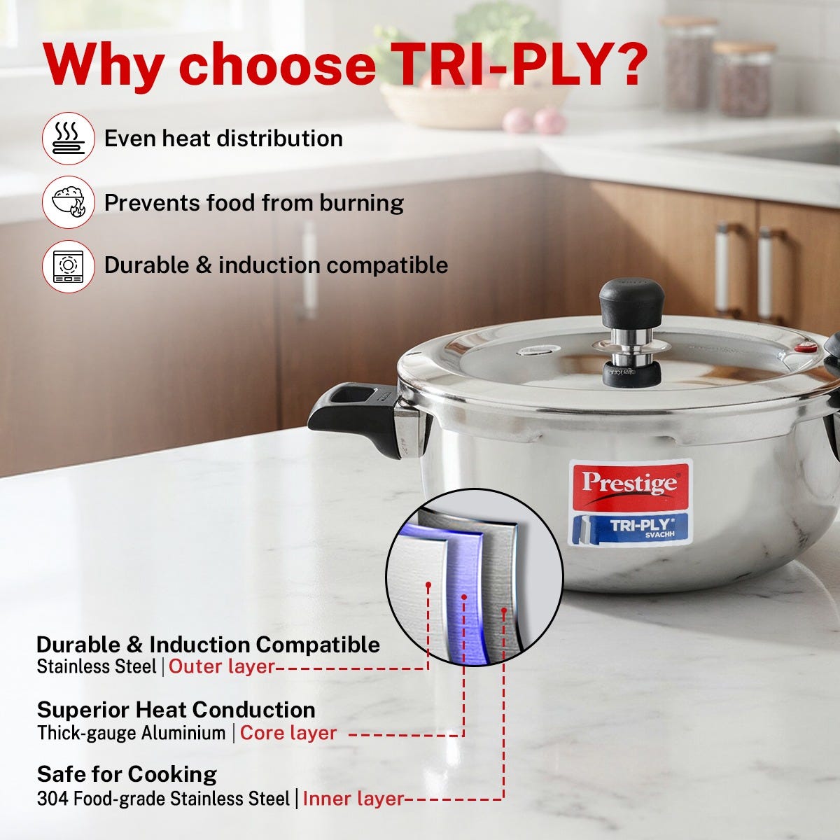 Prestige Svachh Triply Outer Lid Pressure Cooker with Deep Lid for Spillage Control, 3.5 Litre, Silver + Prestige Platina Popular Stainless Steel Impact Forged Bottom Kadai with Glass Lid, 24cm, 2.8 L