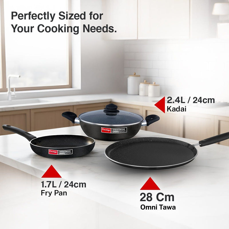 Prestige Electro Duo Infrared and Induction Combi Cooktop + Prestige Omega Deluxe Granite Alpha 3 Pc BYK Non-Stick Set: Kadai 24cm with Glass Lid, Omni Tawa 28cm, Fry Pan 24cm