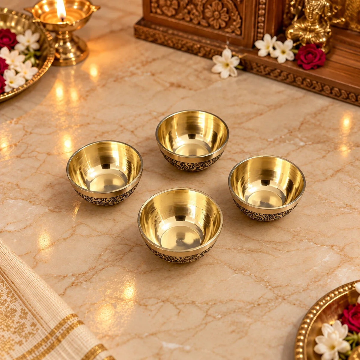 Brass Embossed Design Prasad Bowl Set (1 Inch)