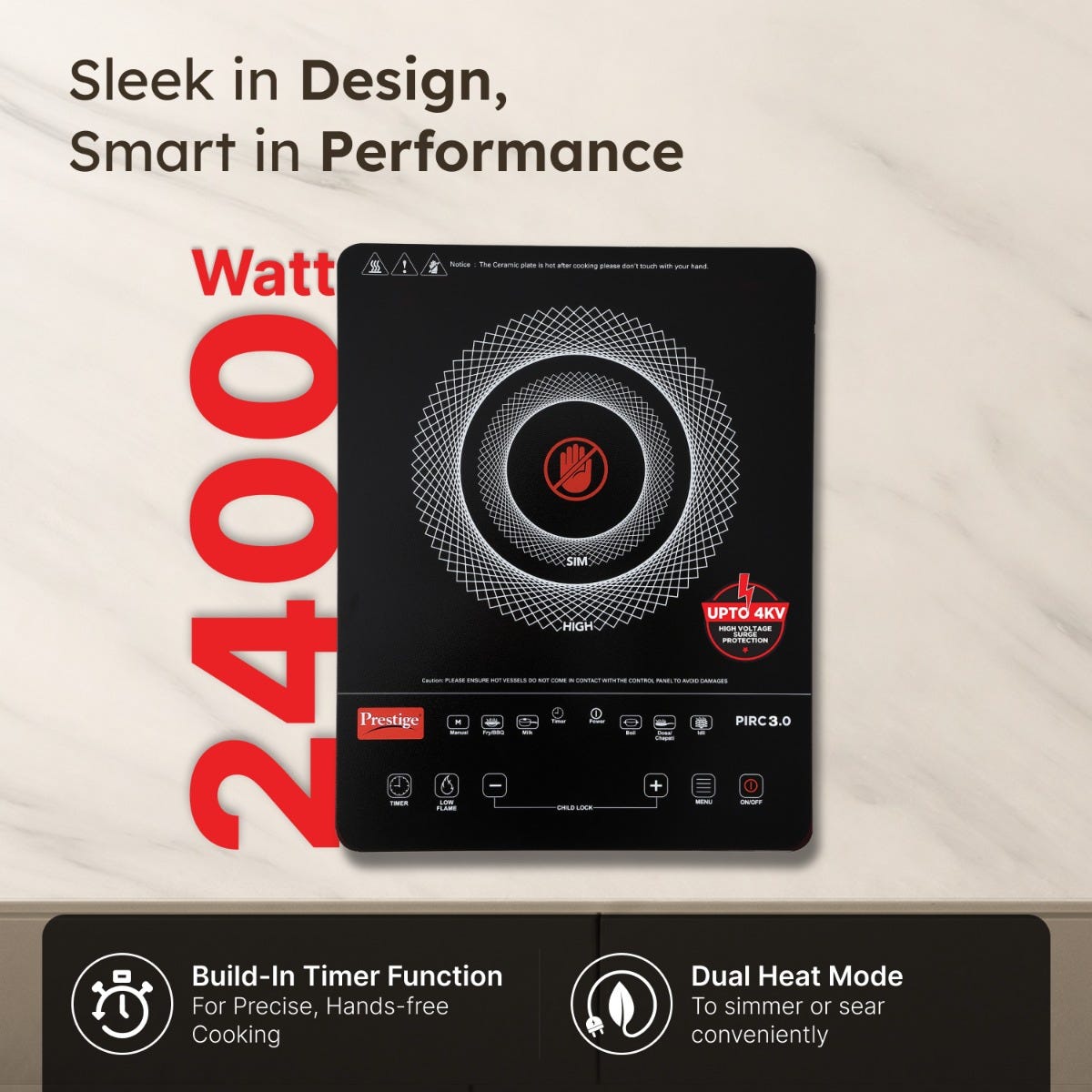 Prestige PIRC 3.0 2400W Infrared Cooktop, Indian Menus & Timer, Flat-Bottom Cookware, Black + Prestige TRIPLY Splendid 4 Pc Cookware Set: Fry Pan 22cm, Kadai 22cm, Saucepan 14cm, SS Lid 24cm