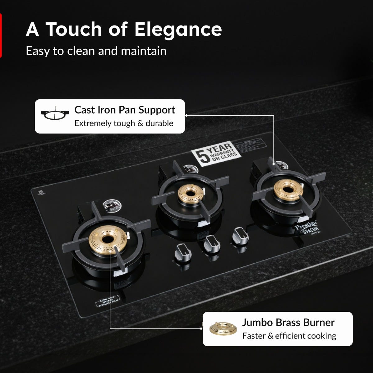 Prestige Provo 900 Kitchen Hood Chimney, Prestige Svachh Efficia Hob 03 AI (with Toughened Glass Top Multi Spark Ignition System & 3 Brass Burners), Prestige Chimney Installation Kit