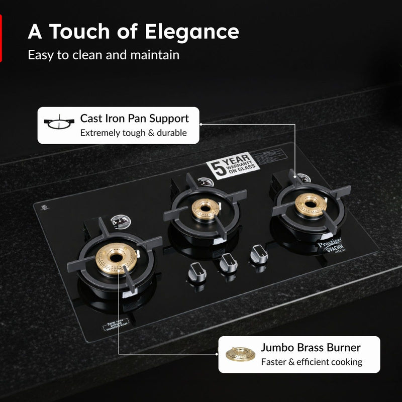 Prestige Provo 900 Kitchen Hood Chimney, Prestige Svachh Efficia Hob 03 AI (with Toughened Glass Top Multi Spark Ignition System & 3 Brass Burners), Prestige Chimney Installation Kit