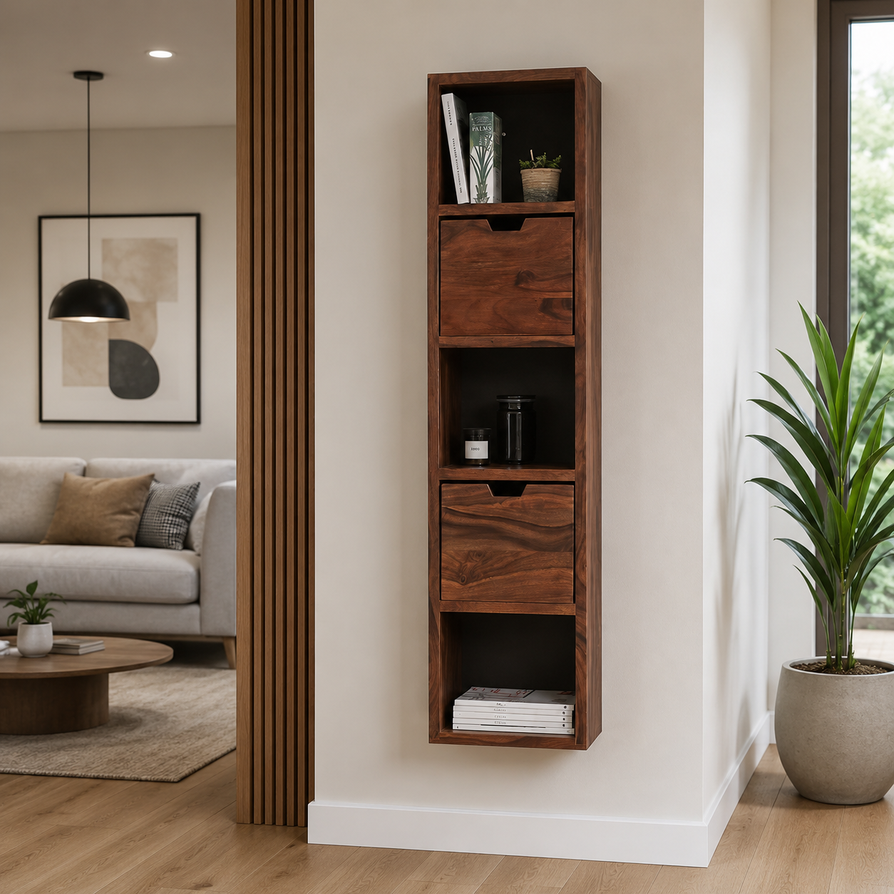 Modern Solid Sheesham Wood Wall Mounted Storage Shelf