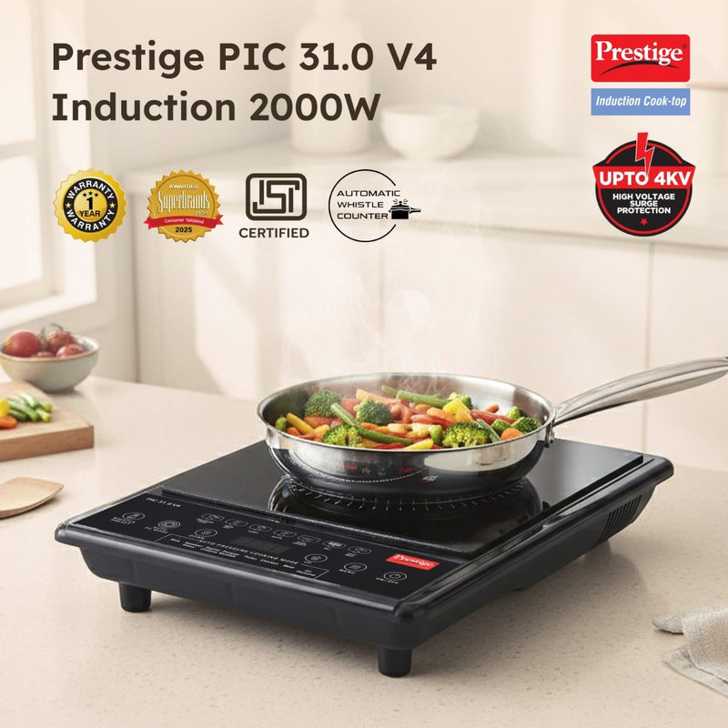 Prestige Induction Cooktop PIC 31.0 V4 + Prestige Omega Deluxe Granite Alpha 3 Pc BYK Non-Stick Set: Kadai 24cm with Glass Lid, Omni Tawa 28cm, Fry Pan 24cm, Gas & Induction Compatible