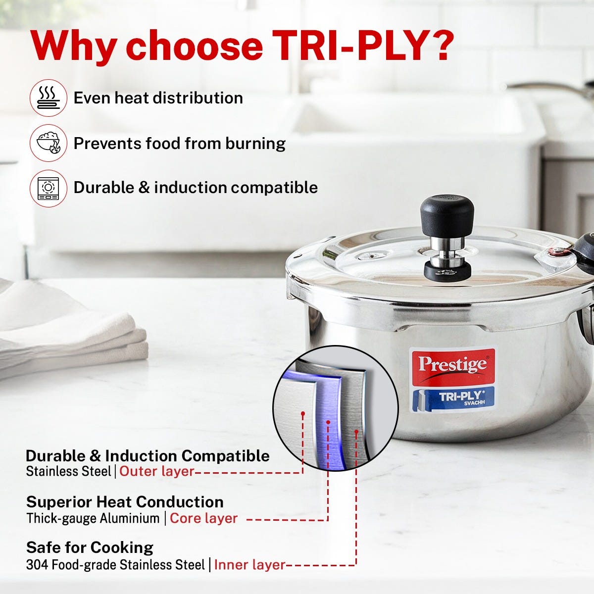 Prestige TRIPLY Splendid 4 Pc Cookware Set: Fry Pan 24cm, Kadai 24cm, Sauce Pan 16cm, SS Lid 24cm, 15Y Warranty + Prestige Svachh Triply Outer Lid Pressure Cooker, Deep Lid Spillage Control, 2 Litre