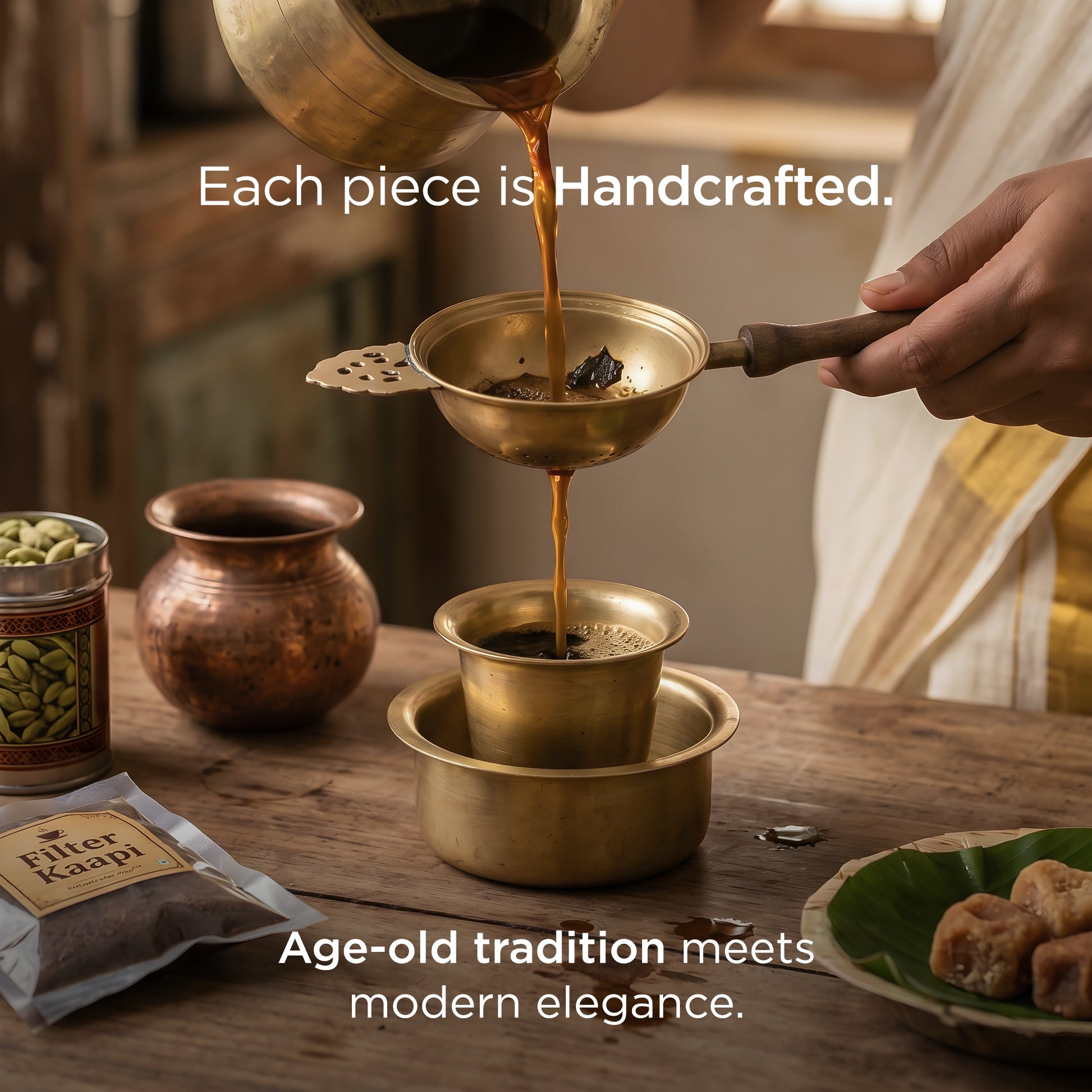 Handcrafted Brass and Wood Tea/Coffee Strainer (पीतल की चाय/कॉफ़ी छन्नी)