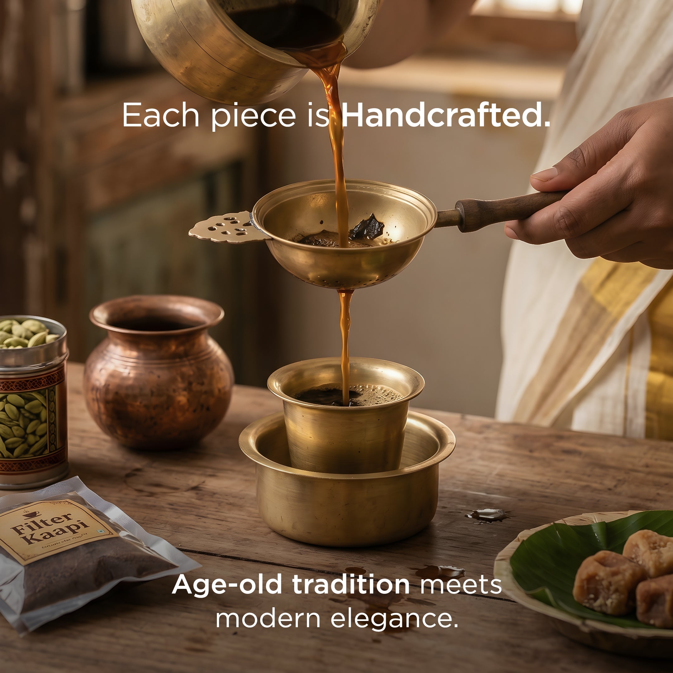 Handcrafted Brass and Wood Tea/Coffee Strainer (पीतल की चाय/कॉफ़ी छन्नी)
