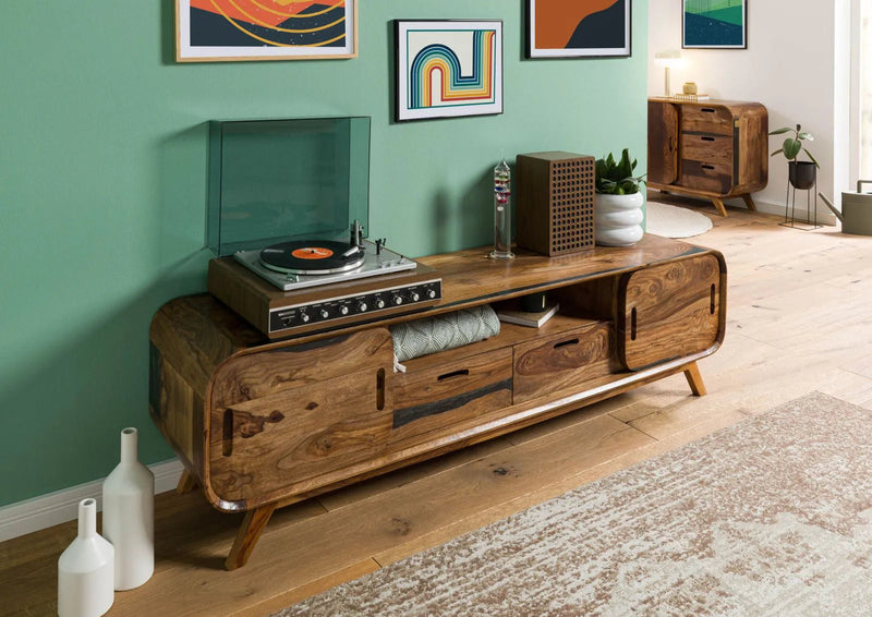 Mid-Century Sheesham Wood Low Media Console