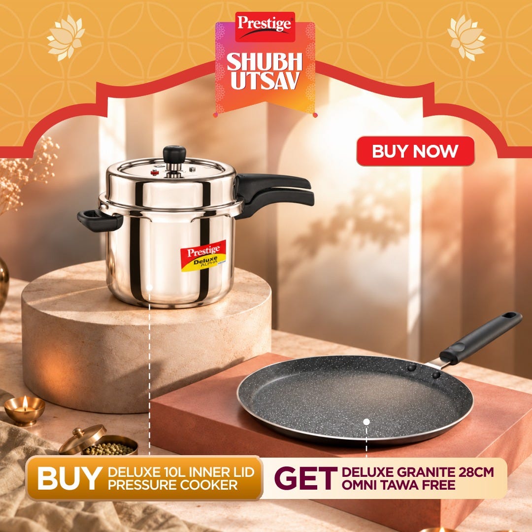 Prestige 10 Litre Stainless Steel Deluxe Alpha Svachh Outer Lid Pressure Cooker, Triply Base, Gas & Induction Compatible, ISI + Prestige Omega Deluxe Granite Non-stick Omni Tawa, 28 cm, Black