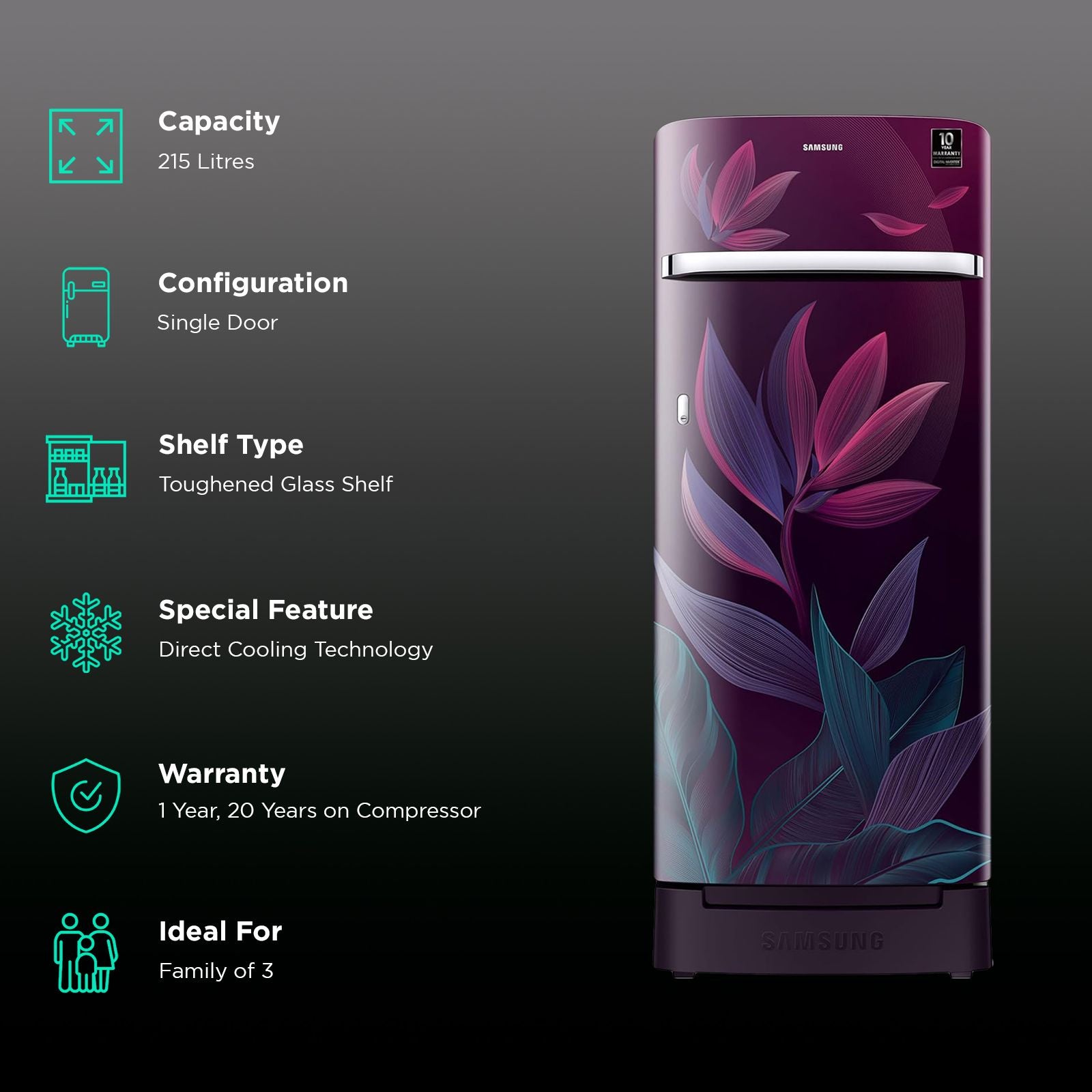 SAMSUNG Horizontal Curve 215 Litres 5 Star Direct Cool Single Door Refrigerator with Base Stand Drawer (RR23D2H259R/HL, Paradise Bloom Purple)