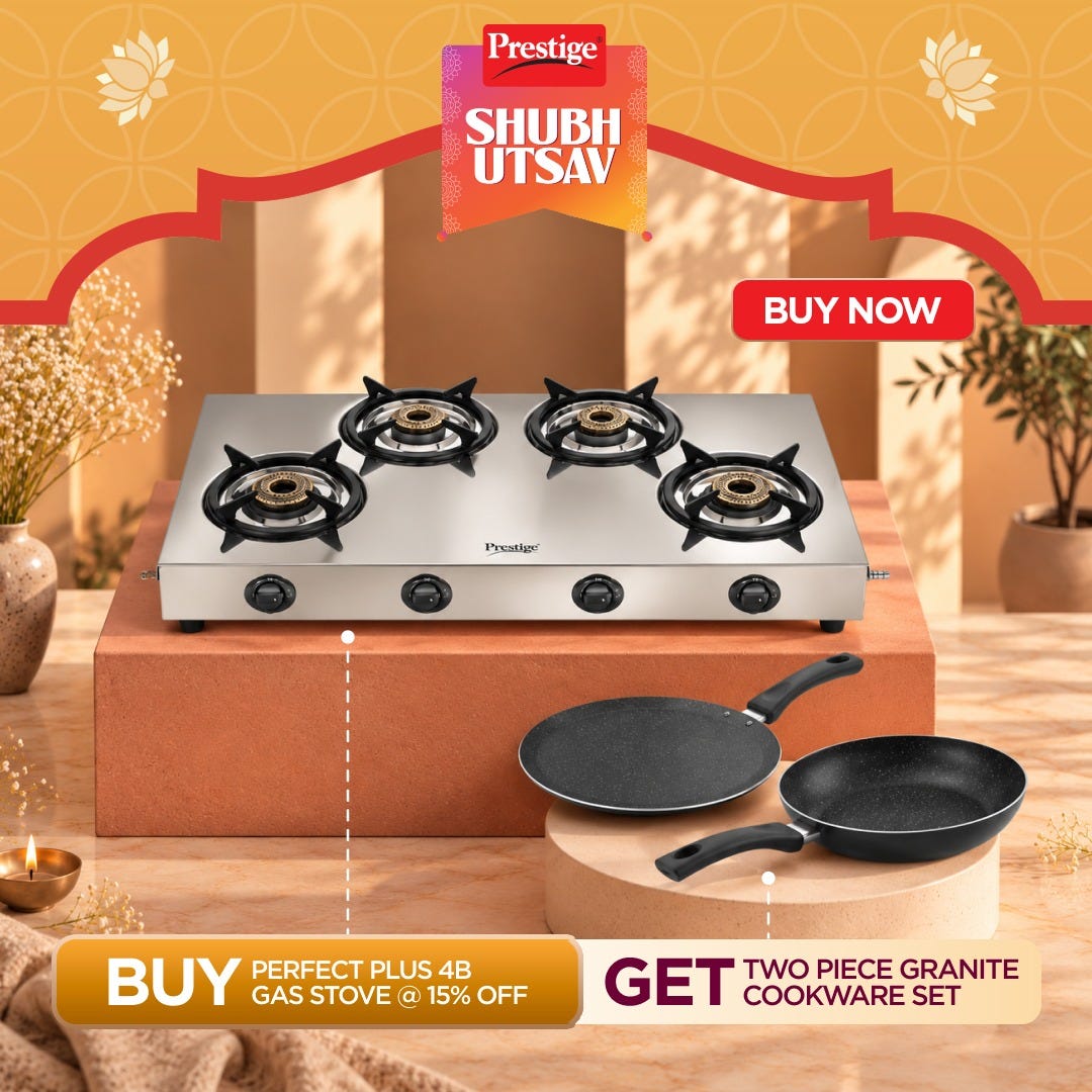 Prestige Perfect Plus 04B Designer Forged Brass Burners|Removable Spill Tray Stainless Steel Manual Gas Stove (4 Burners), Prestige Omega Deluxe Granite Twin Pack | Fry Pan 24cm & Omni Tawa 25cm | Durable Granite Finish Coating | PFOA Free