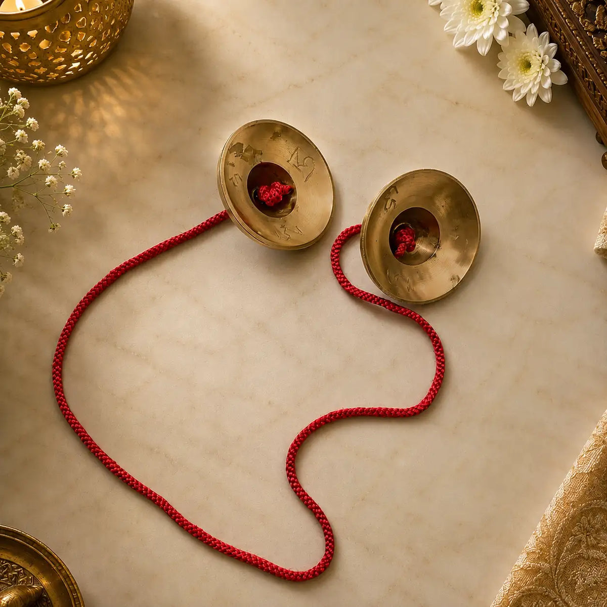 Brass Ashtamangala Tibetan / Manjira Pair