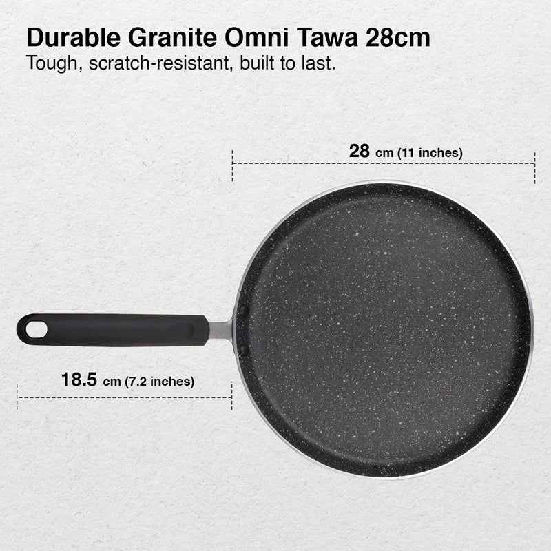 Prestige Deluxe Alpha Svachh Stainless Steel Spillage Control Pressure Cooker, 5.5 L (Silver), Prestige Omega Deluxe Granite Non-stick Round Base Omni Tawa, 28 cm (Black)