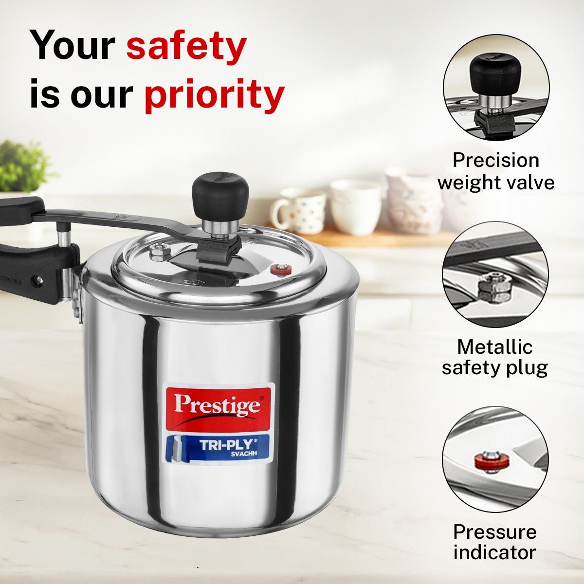 Prestige Vectra 4 Burner Glass Top Gas Stove, Toughened Glass, Jumbo Brass Burner, Black + Prestige 3 Litre TRIPLY Svachh Inner Lid Pressure Cooker, Deep Lid for Spillage Control, Gas & Induction, ISI