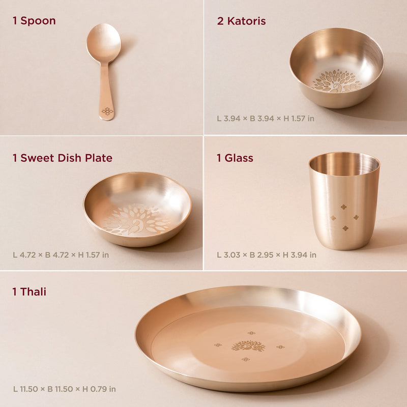 Peacock Motif • 6 Pcs 11.5" Kansa Dinner Set • Matte Finish • Thali Size - 11.5" • 100% Lead Free (कांसे का डिनर सेट)