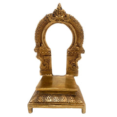 Brass Pooja Chowki with Prabhavali, Handcrafted Singhasan Peeta Bajot for Deities, Mandir, and Home Temple Decor, Gold, 7 Inch, 1 Piece