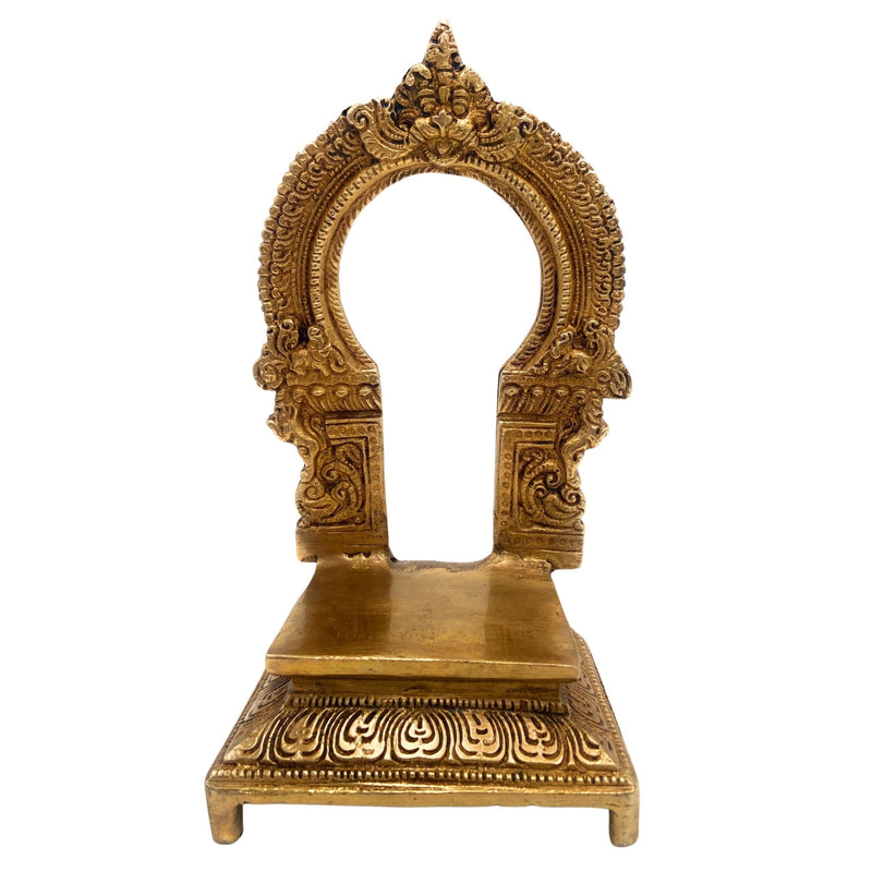 Brass Pooja Chowki with Prabhavali, Handcrafted Singhasan Peeta Bajot for Deities, Mandir, and Home Temple Decor, Gold, 7 Inch, 1 Piece