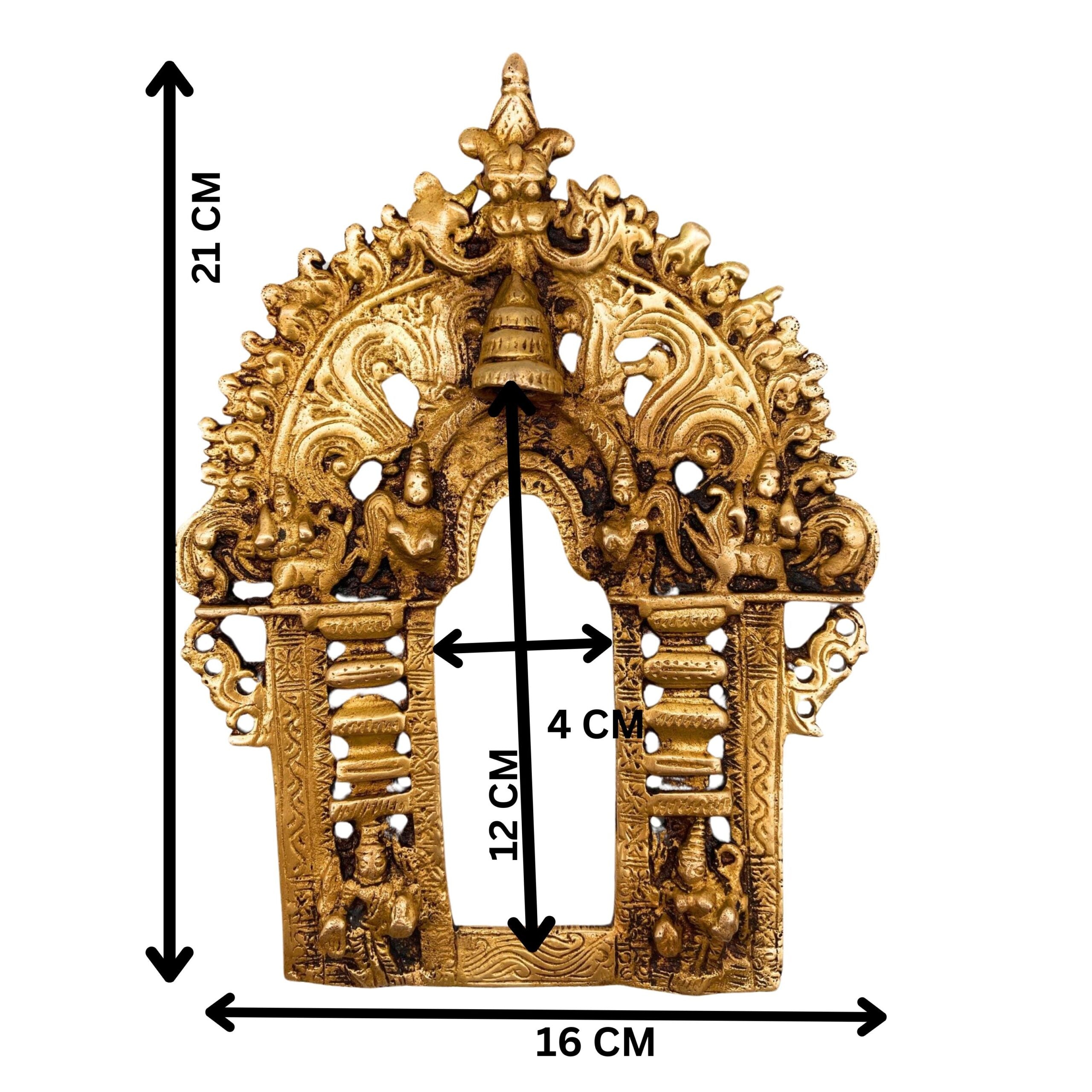 Bhunes Brass Handcrafted Prabhavali Frame with Two Dwarpal – Wall Hanging Arch for Temple & Home Decor | Prabhawali Backdrop for Deity, Mandir & Spiritual Pooja, Gold, 8.5 Inch, 1 Piece