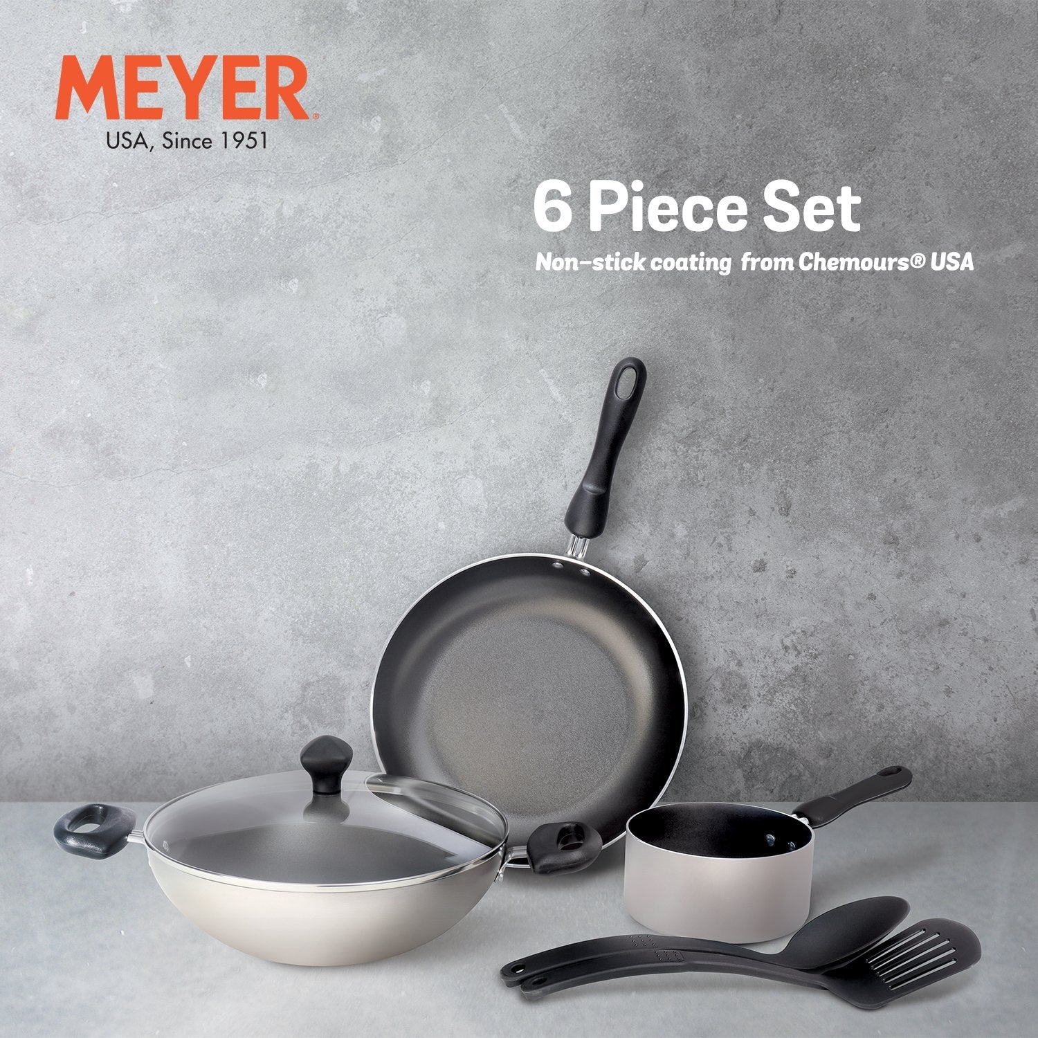Meyer Non-Stick 6pcs Set (14cm Milkpan+26cm Frypan+26cm Kadai+Nylon Turner+Nylon Spoon)