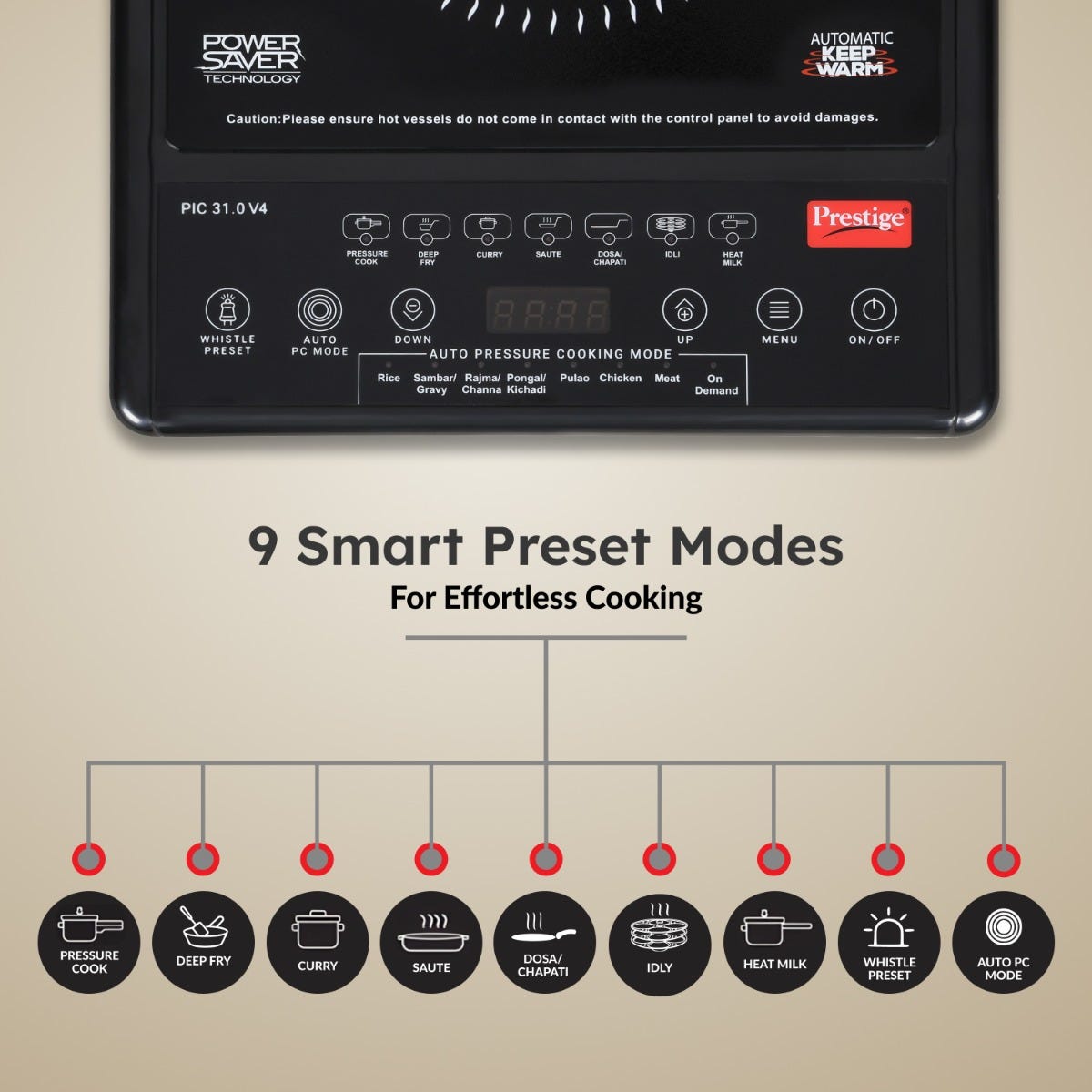Prestige Induction Cooktop PIC 31.0 V4 + Prestige Omega Deluxe Granite Alpha 3 Pc BYK Non-Stick Set: Kadai 24cm with Glass Lid, Omni Tawa 28cm, Fry Pan 24cm, Gas & Induction Compatible